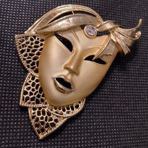 Vintage Mardi Gras Mask in Gold tone with rhinestones Brooch